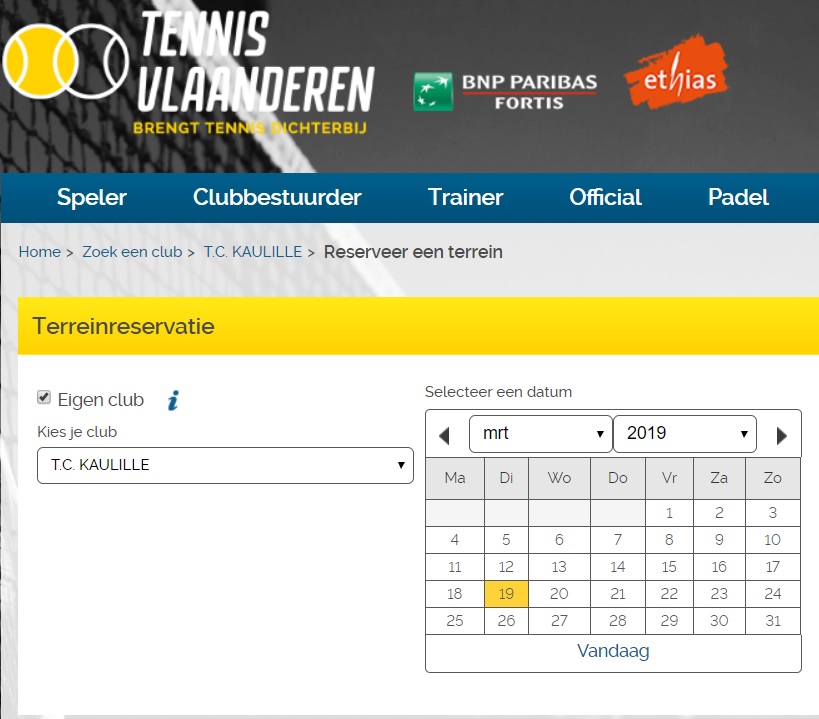Voorbeeld terrein reserveren op tennisvlaanderen.be